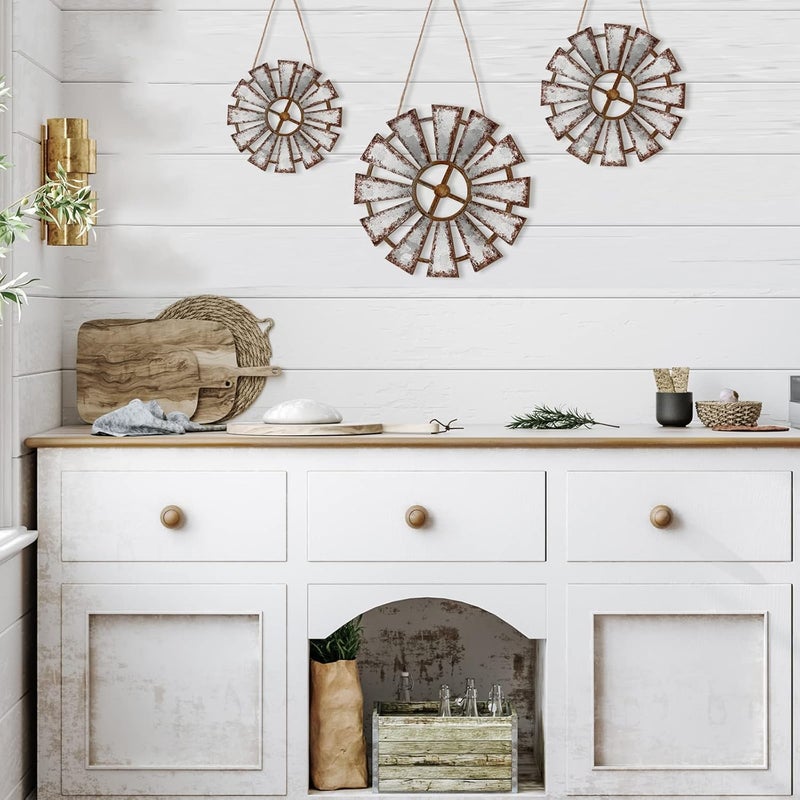 Yookeer 3 Pcs Wood Windmill Wall Decor Farmhouse Hanging Decoration Wooden Windmill Kitchen Decor Rustic Decor Living Room Sculpture Art for Bedroom Nursery Home Decor(Farmhouse) - Image 4